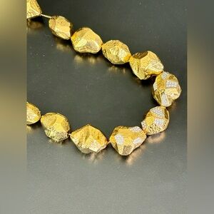 Vintage gold Plated nugget necklace with Clear Crystal Rhinestone 19”